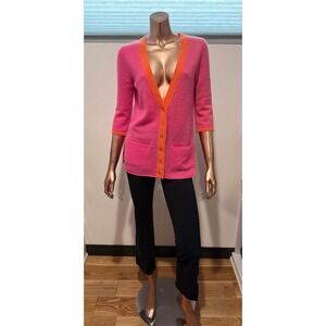 Qi Cashmere Pink Colorblock V-Neck Cardigan Sweater Grandma Boho Cottagecore/S